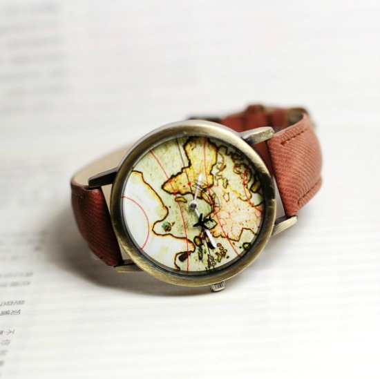 VOYAGER Vintage World Map Watches available in black, white, brown, blue, green, yellow, grey, pink and red on SHOP StoryV