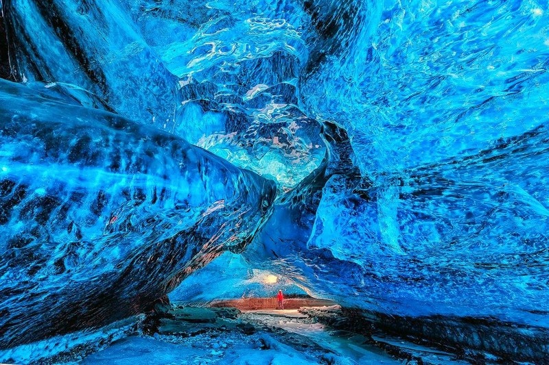 Weird places in the world - huge bluish ice blocks inside the Skaftafell Cave