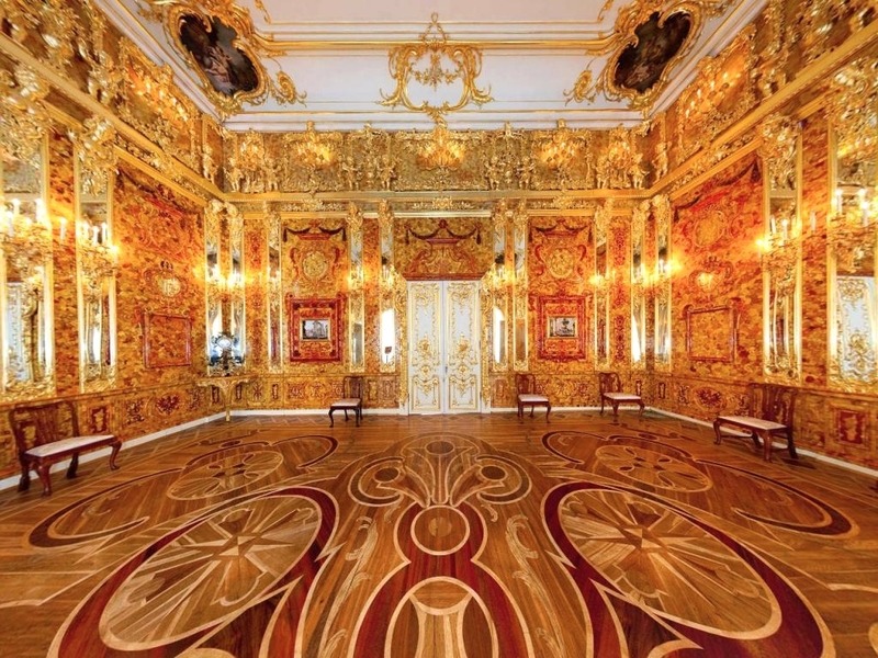 Shades of the World Series: A wide shot of Amber Room in Catherine Palace showing the splendid flooring and intricate interior in orange shade