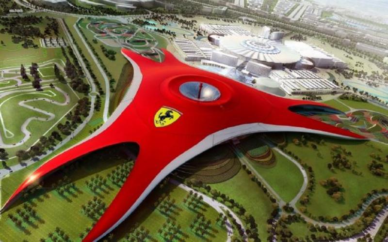 Shades of the World: An aerial view of the massive red canopy of Ferrari World