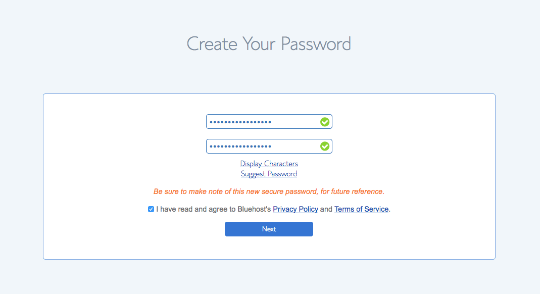How to start a self-hosted WordPress blog with Bluehost - Step 2.7: Create a password step 2