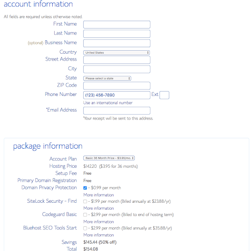 How to start a self-hosted WordPress blog with Bluehost - Step 2.5: Confirm hosting package