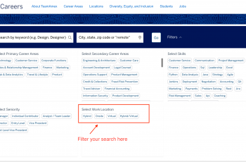 Capture a screenshot of the process to navigate to remote job selections on the American Express (Amex) Careers website.
