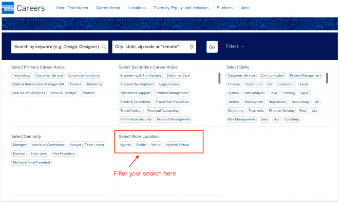 Capture a screenshot of the process to navigate to remote job selections on the American Express (Amex) Careers website.